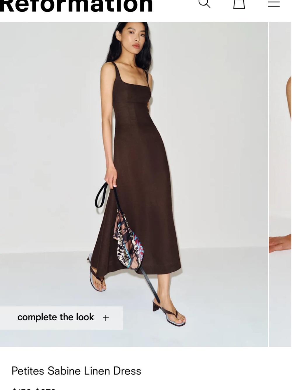 Reformation Petites Sabine Linen Midi Dress — Chocolate Brown - New with Tags